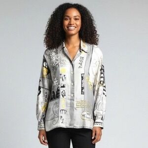 Laurel Vintage 100% Silk Abstract Graphic Print Button Down Blouse Grey Gold 10